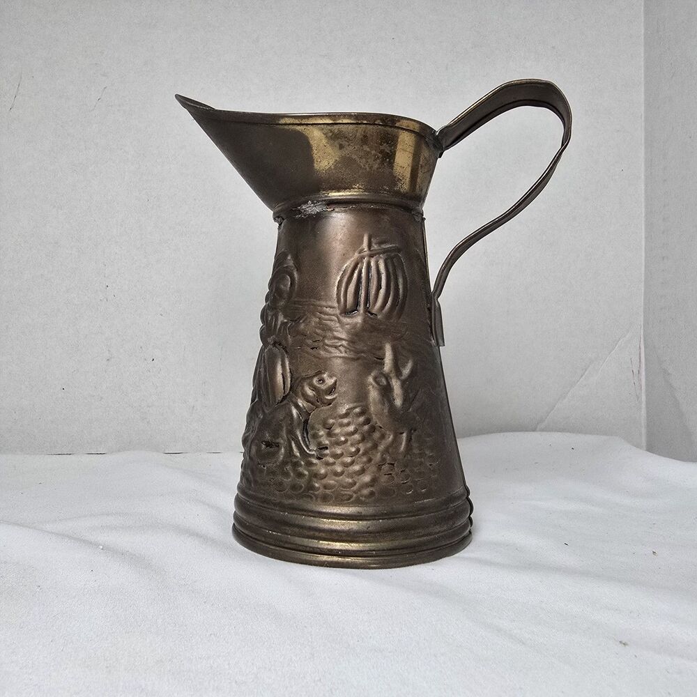 Vintage Brass Pitcher Made In England Embossed 7" Tall Patina Pub Scene Prop